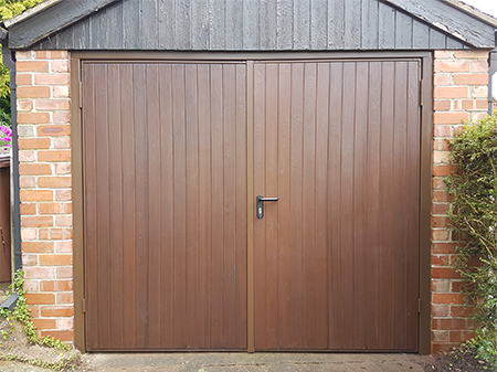 Garador Side Hinged Door in Mid Oak Vertical Rib